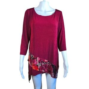 Chico's Asymmetrical Tunic Top Red Floral Chiffon Hem 3/4 Sleeve Blouse Size M‎